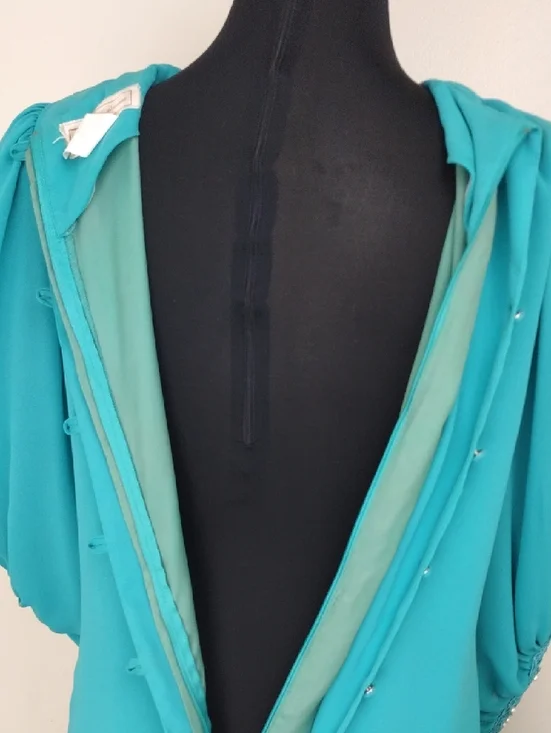 Regina Bianca Vintage 80s Teal Formal Gown Pearl Beaded Cuffs Size 14 - Picture 4 of 12